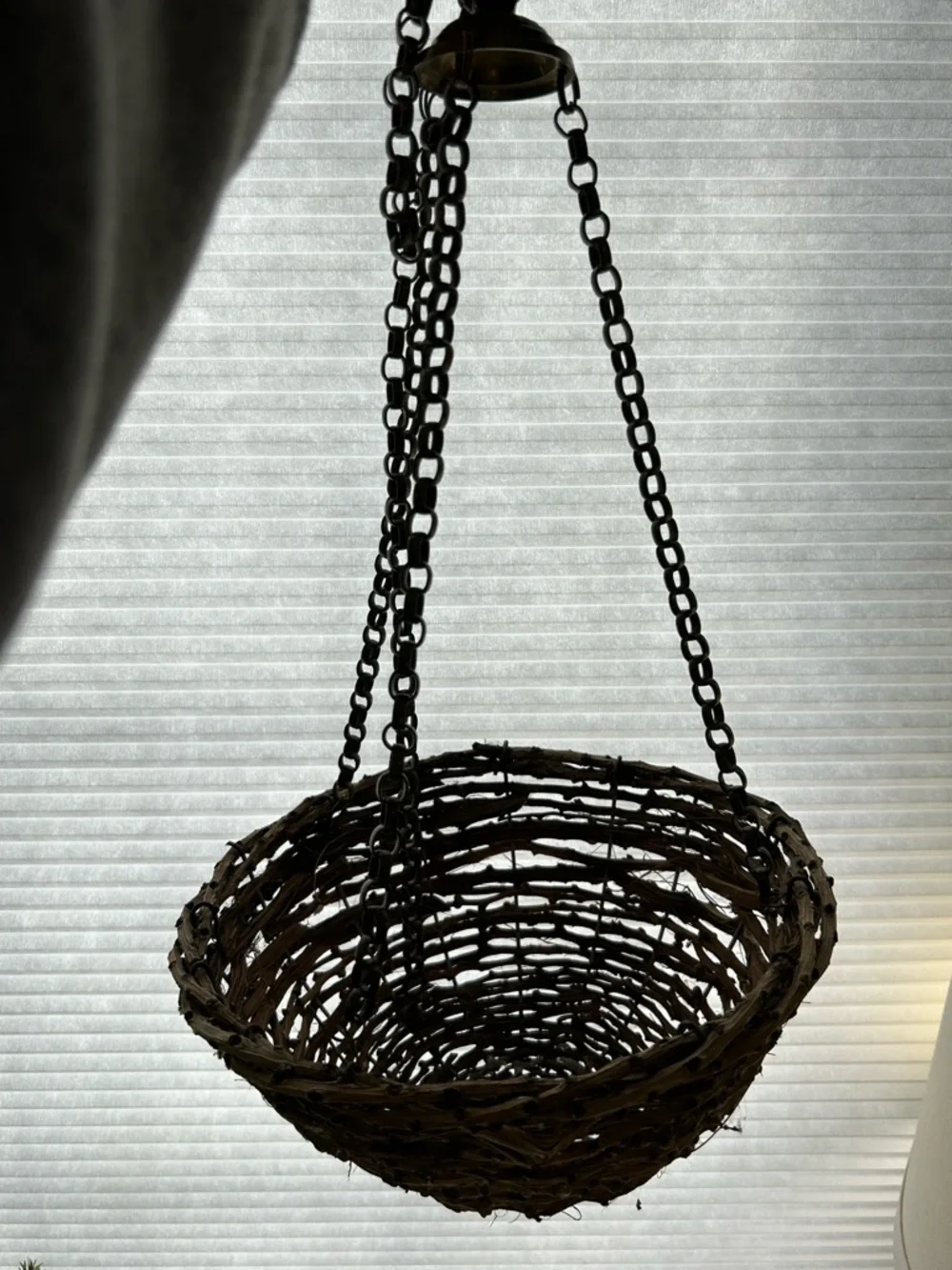 Vintage Hanging Basket Handwoven Natural Twig Brass Hanger Boho 11 Inch